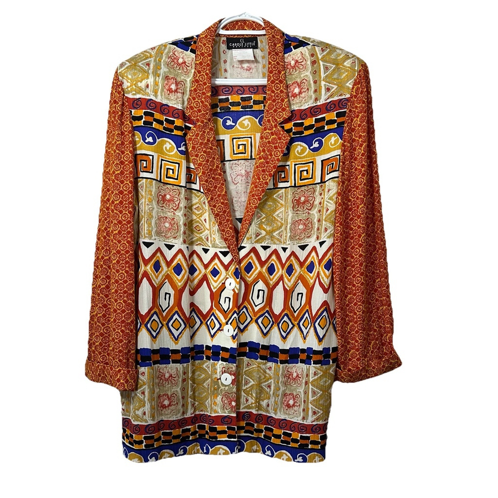 Vintage 80s Carole Little Boho Artsy Aztec Blazer Rolled Sleeve Size 14 Petite